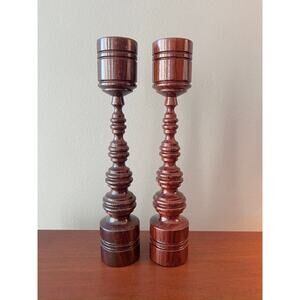 Pair of Two (2) Scandinavian Turned Walnut Wood Candlestick Taper Candle Holders